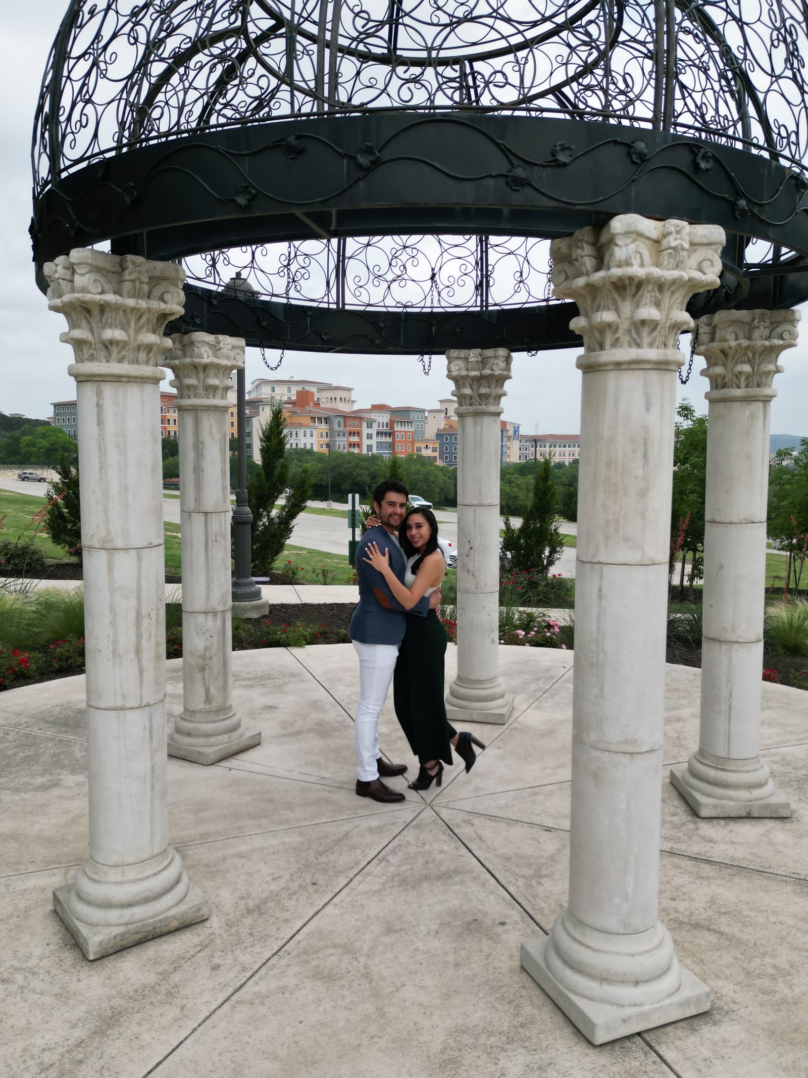 Engagement shoot at a gazebo overlooking the city