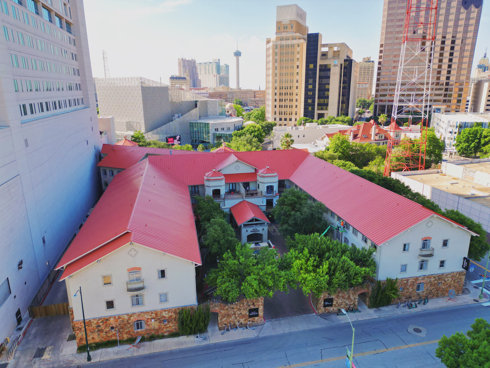 Hotel Indigo aerial with downtown San Antonio skyline