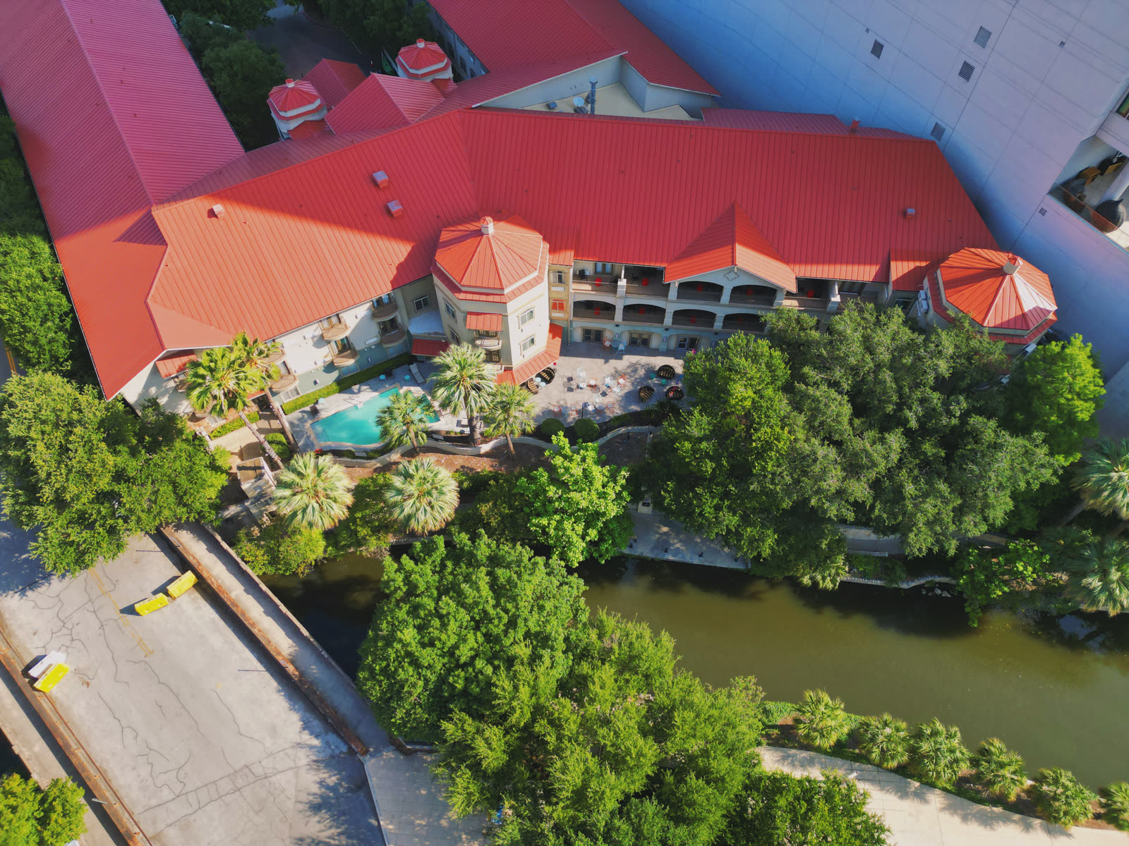 Riverside hotel aerial